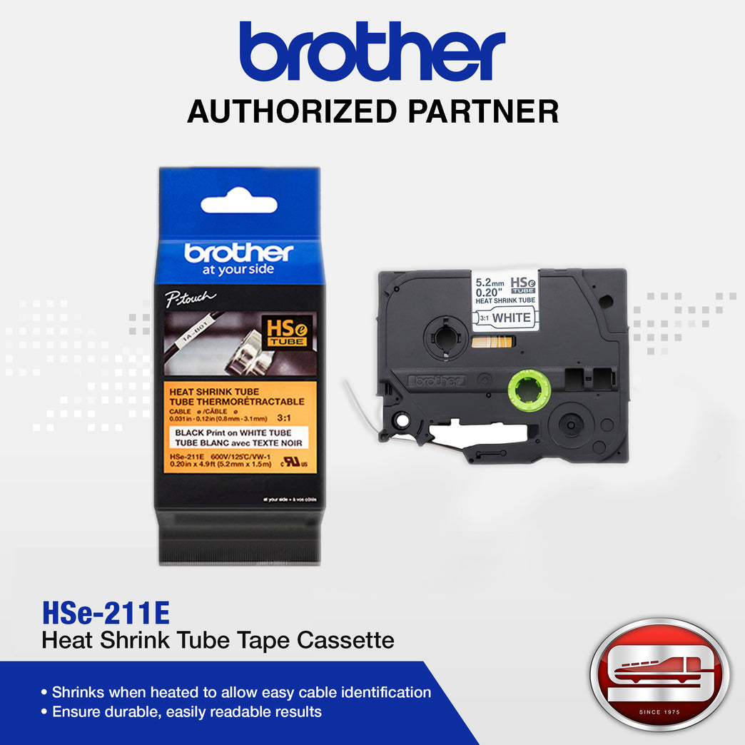 Brother HSe-211E Black on White 5.2mm Heat Shrink Tube Tape Cassette (100% Genuine)