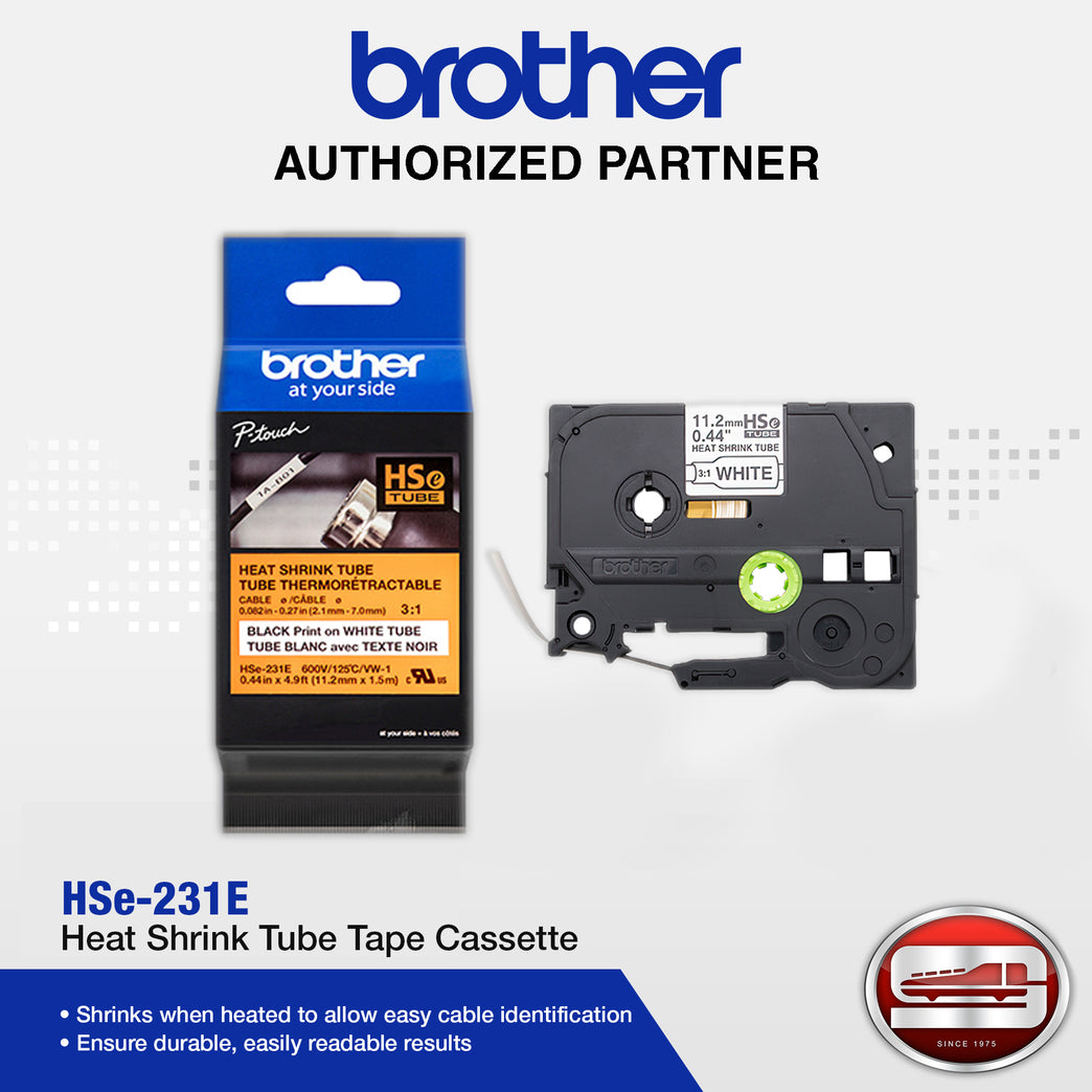 Brother HSe-231E Black on White 11.2mm Heat Shrink Tube Tape Cassette (100% Genuine)