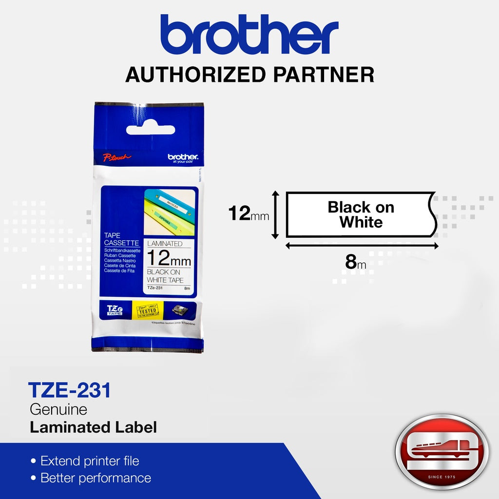 Brother TZe-231 Black on White 12mm Labelling Tape (100% Original)