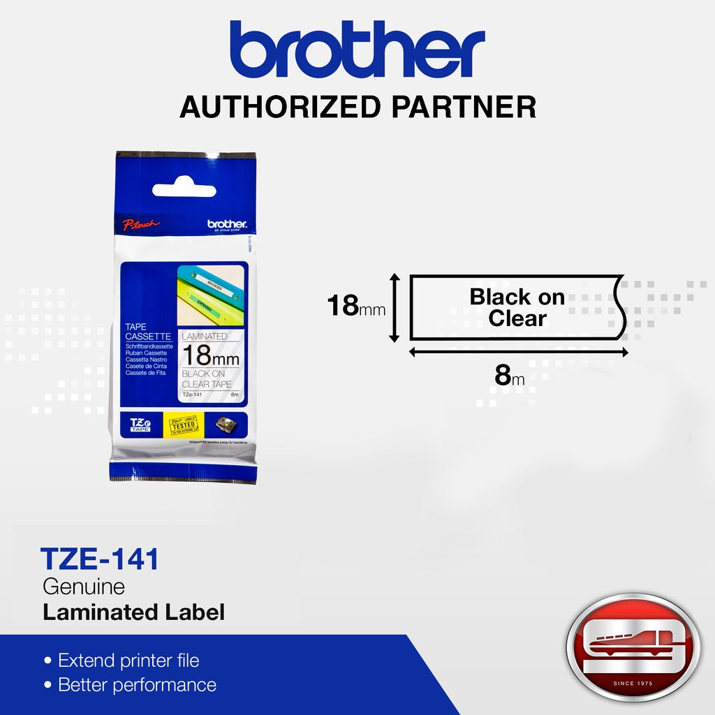 Brother TZe-141 Black on Clear 18mm Labelling Tape (100% Original)