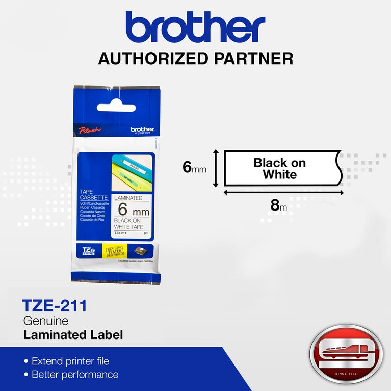 Brother TZe-211 Black on White 6mm Labelling Tape (Original Tape)