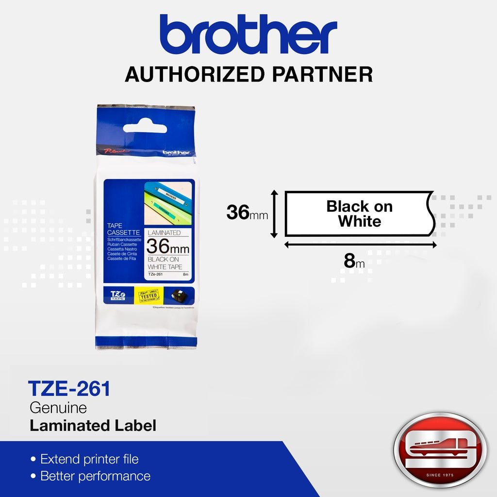 Brother TZE-261 in Black on White 36MM Labelling Tape