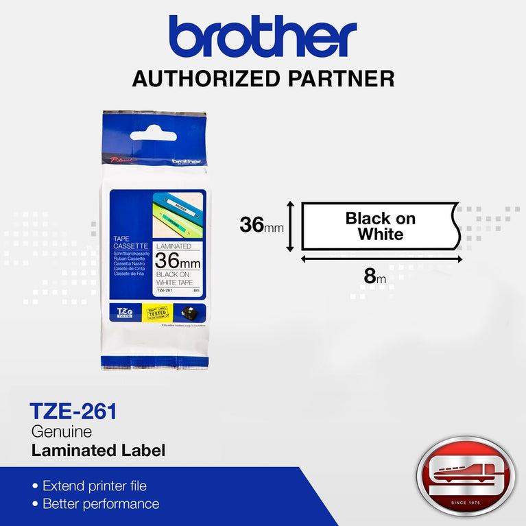 Brother TZE-261 in Black on White 36MM Labelling Tape