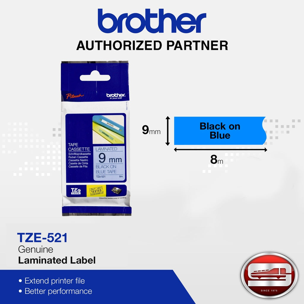 Brother TZe-521 Black on Blue 9mm Labelling Tape (100% Original)