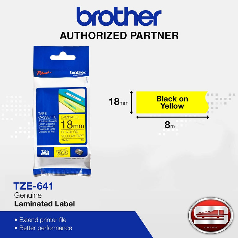 Brother TZe-641 Black on Yellow 18mm Labelling Tape (100% Original)