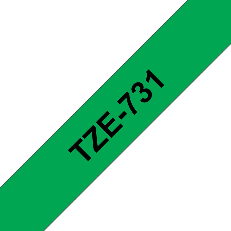 Brother TZe-731 Labelling Tape – Black on Green, 12mm wide Standard Laminated