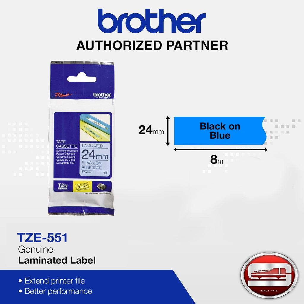 Brother TZe-551 Black on Blue 24mm Labelling Tape (100% Original)