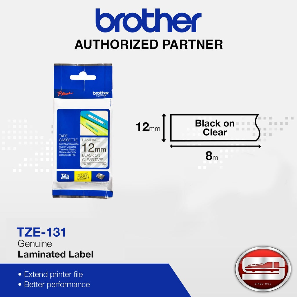 Brother TZe-131 Black on Clear 12mm Labelling Tape (100% Original)