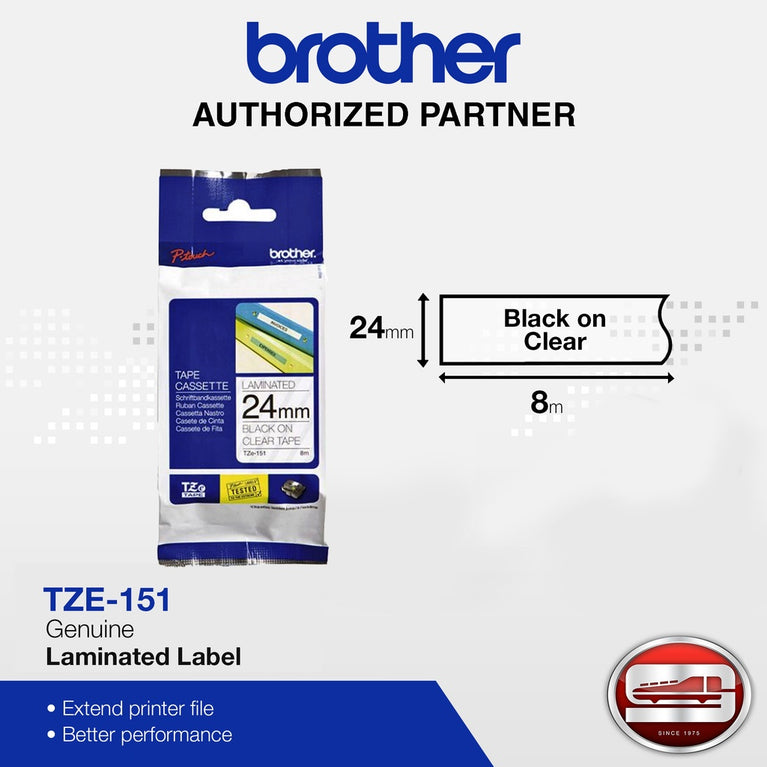 Brother TZE-151 Black on Clear 24mm Labelling Tape (100% Original)