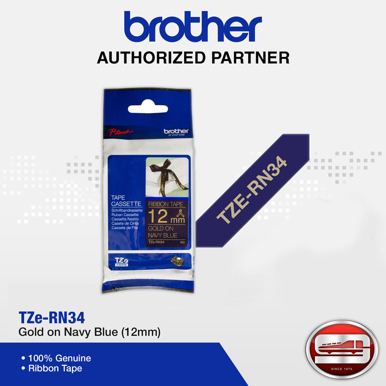 Brother TZe-RN34 Laminated Ribbon Tape 12mm - Gold on Navy